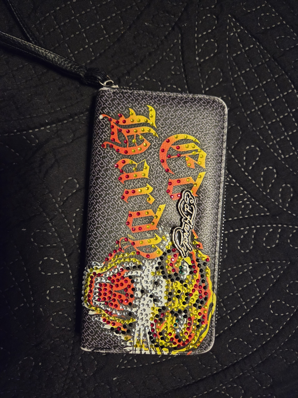 Ed Hardy Women's Black Rhinestone Wristlet Wallet with Tiger and Script